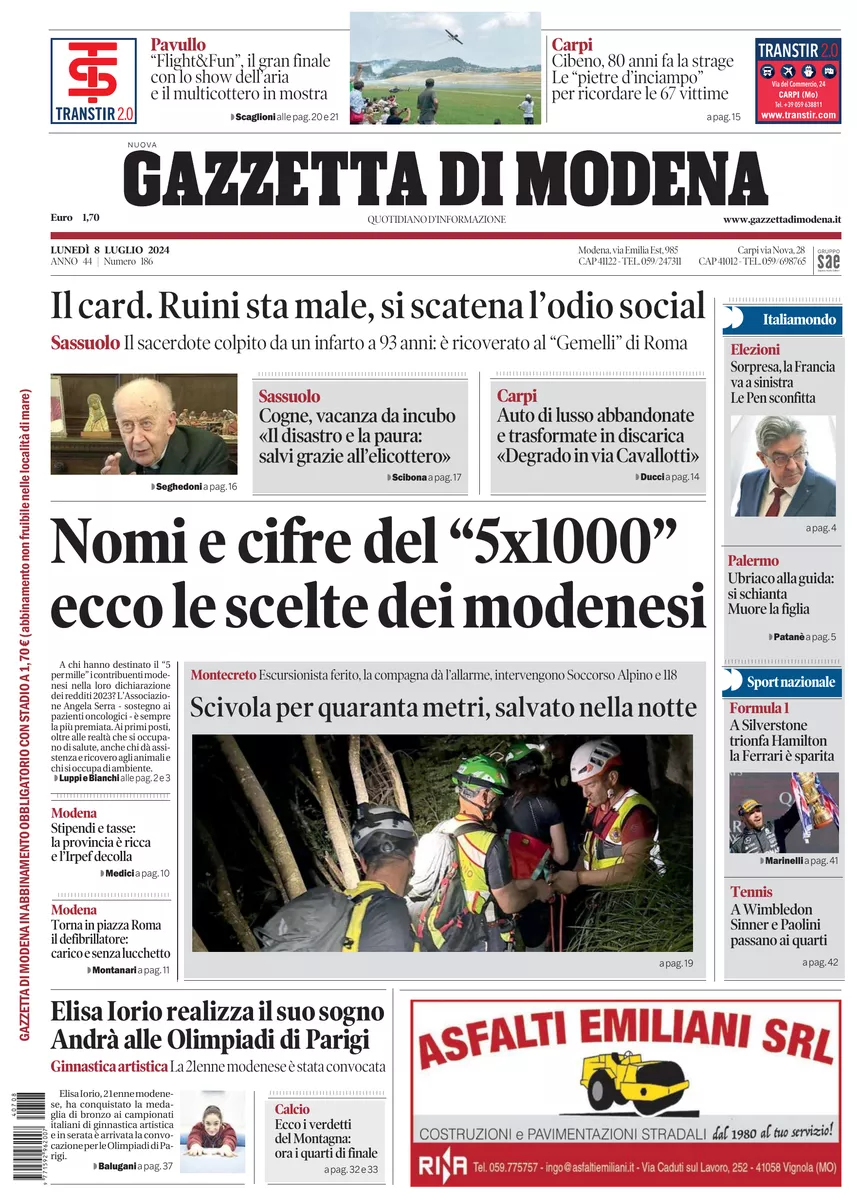 Prima-pagina-gazzetta di modena-oggi-edizione-del-2024-07-08